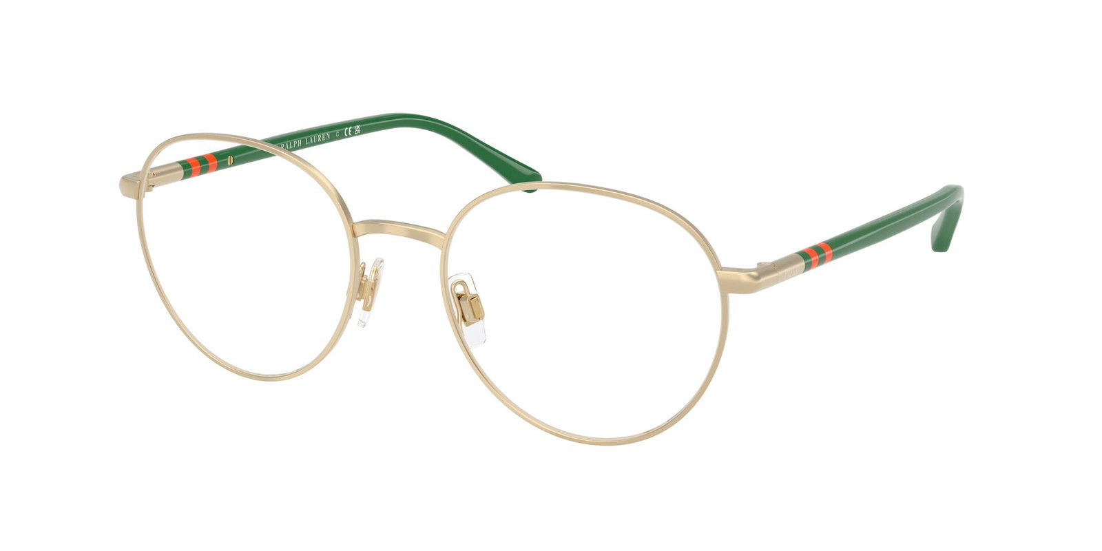 Das Bild zeigt die Korrektionsbrille 1236 von der Marke Polo in Gold mit grünen Bügeln.