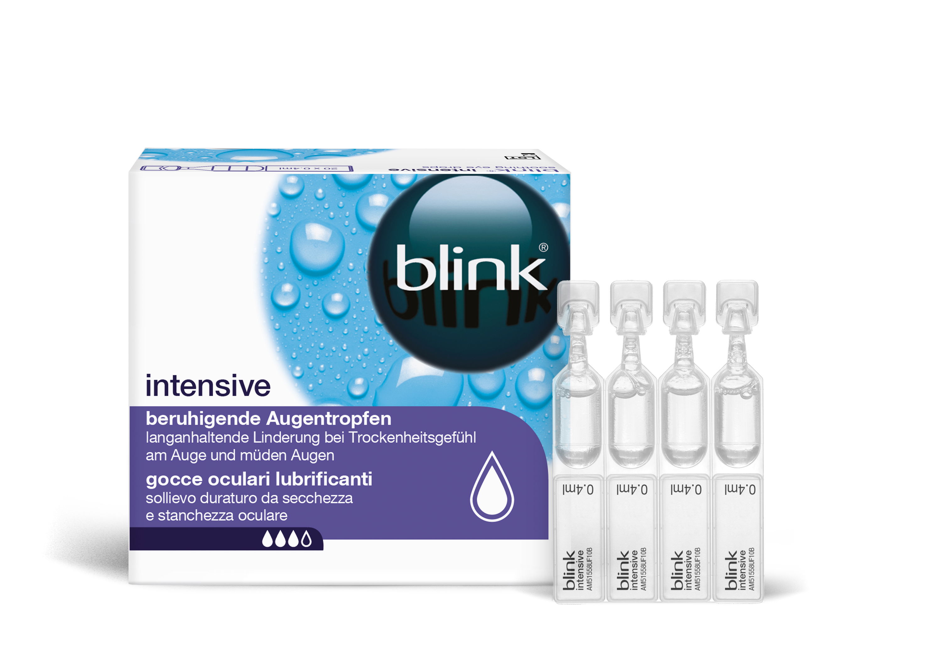 Das Bild zeigt die Verpackung und die Ampullen der blink intensive Augentropfen.