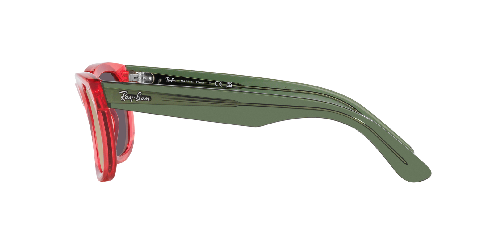 Das Bild zeigt die Sonnenbrille 0RBR0502S 67132O von der Marke Ray Ban in rot transparent.