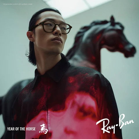Das Bild zeigt einen jungen Mann mit einer Ray Ban Brille. Im Hintergrund steht eine Pferd-Statue.