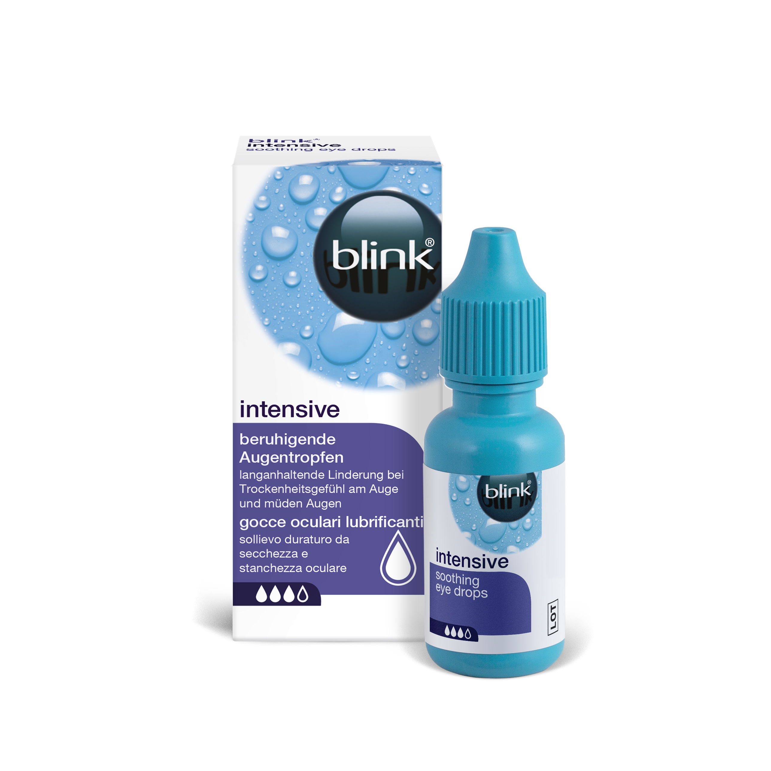 Das Bild zeigt die Verpackung und die Flasche der blink intensive Augentropfen.