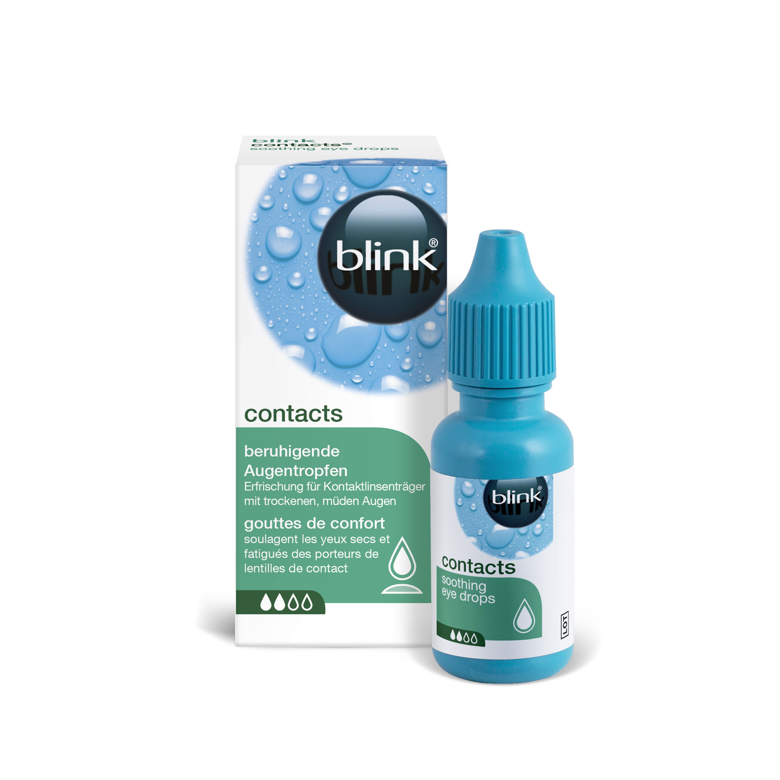 Das Bild zeigt die Flasche und die Verpackung der blink contacts Augentropen.