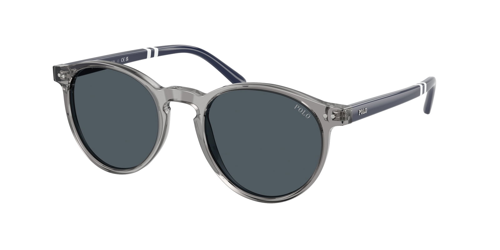 Das Bild zeigt die Polo Ralph Lauren Sonnenbrille PH4236 in glänzendem transparentem Grau leicht seitlich.