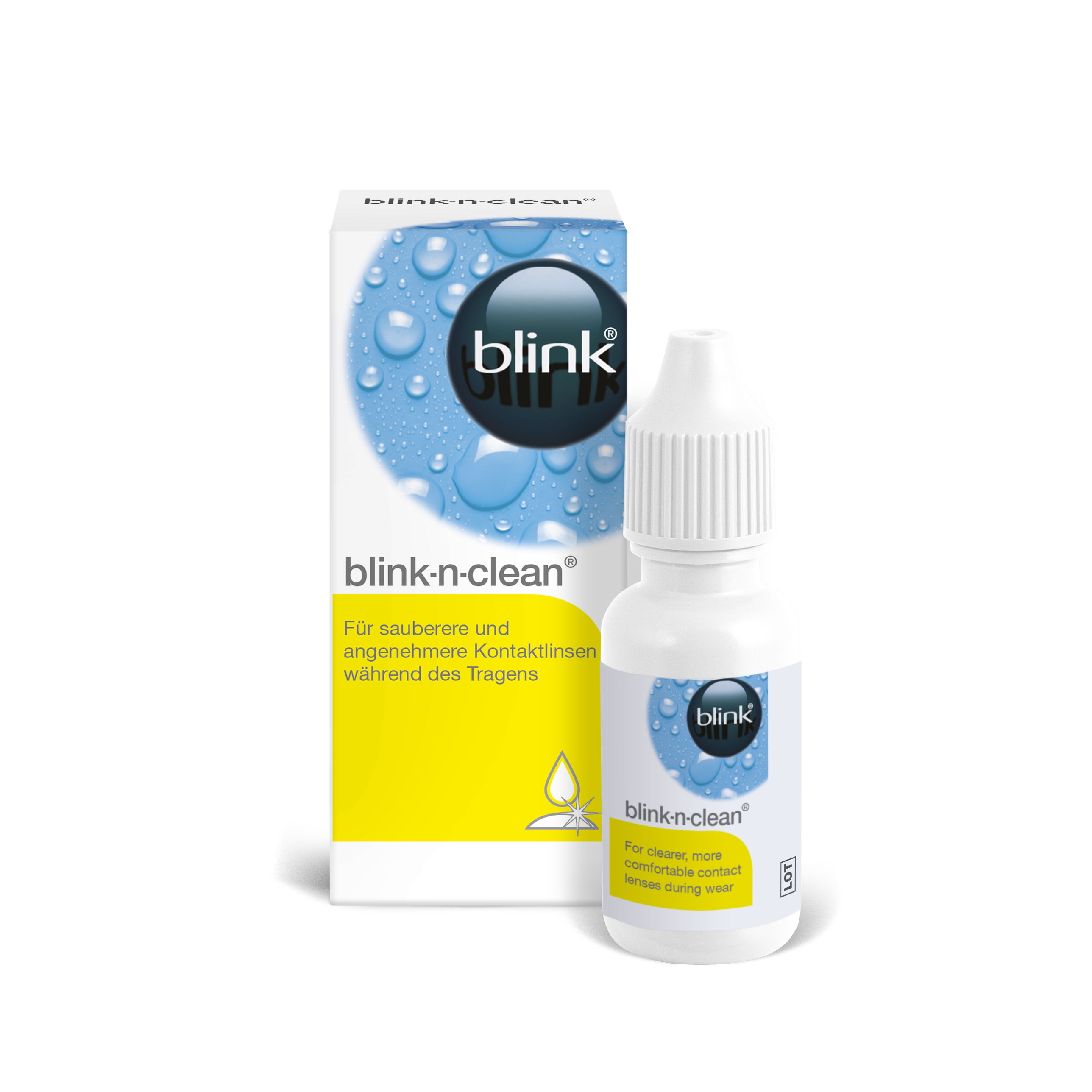 Das Bild zeigt die Flasche und die Verpackung des blink-n-clean Nachbenetzers.