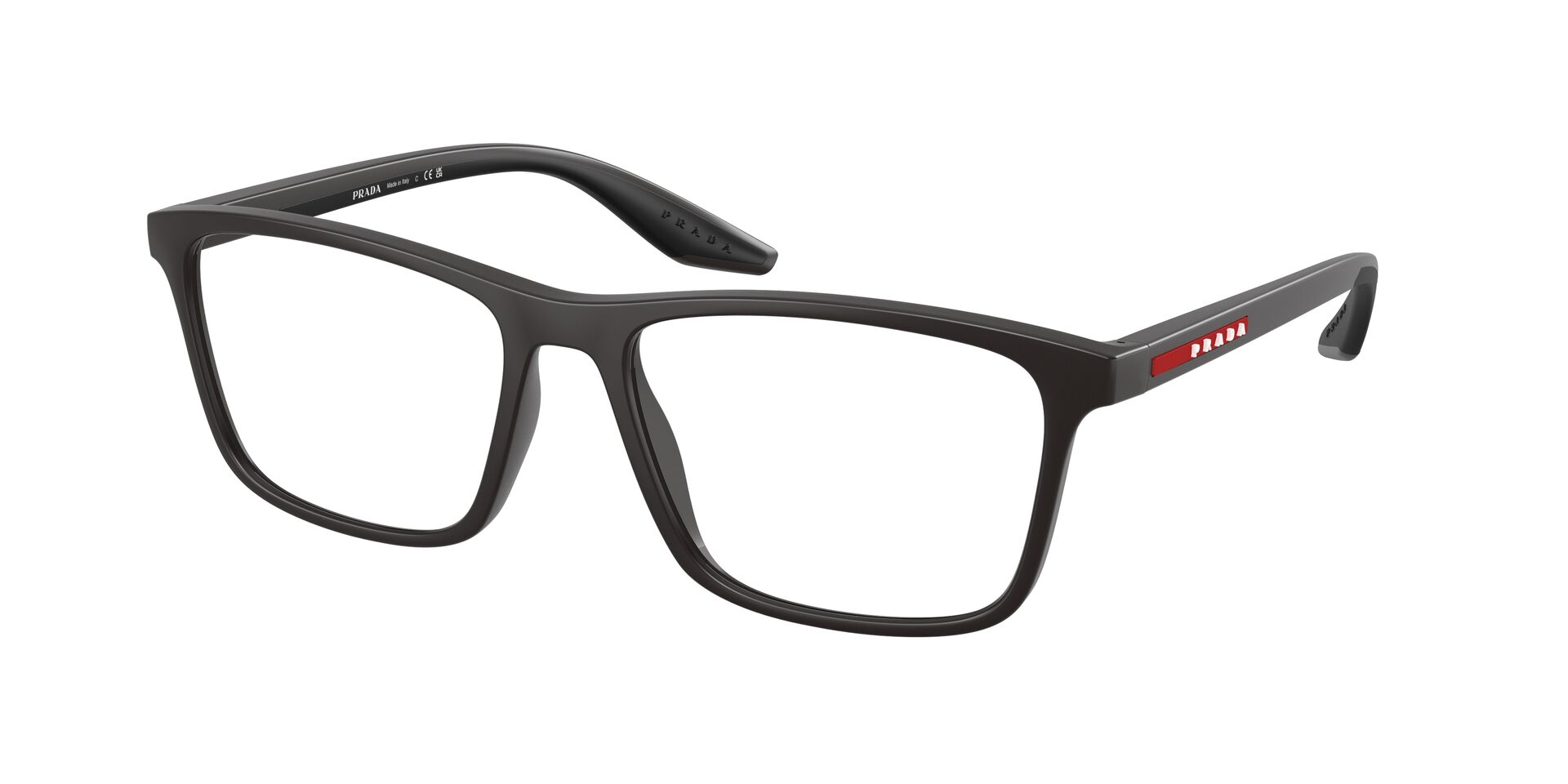 Das Bild zeigt die Prada Linea Rossa Fassung PS01QV 18K1O1 leicht seitlich.