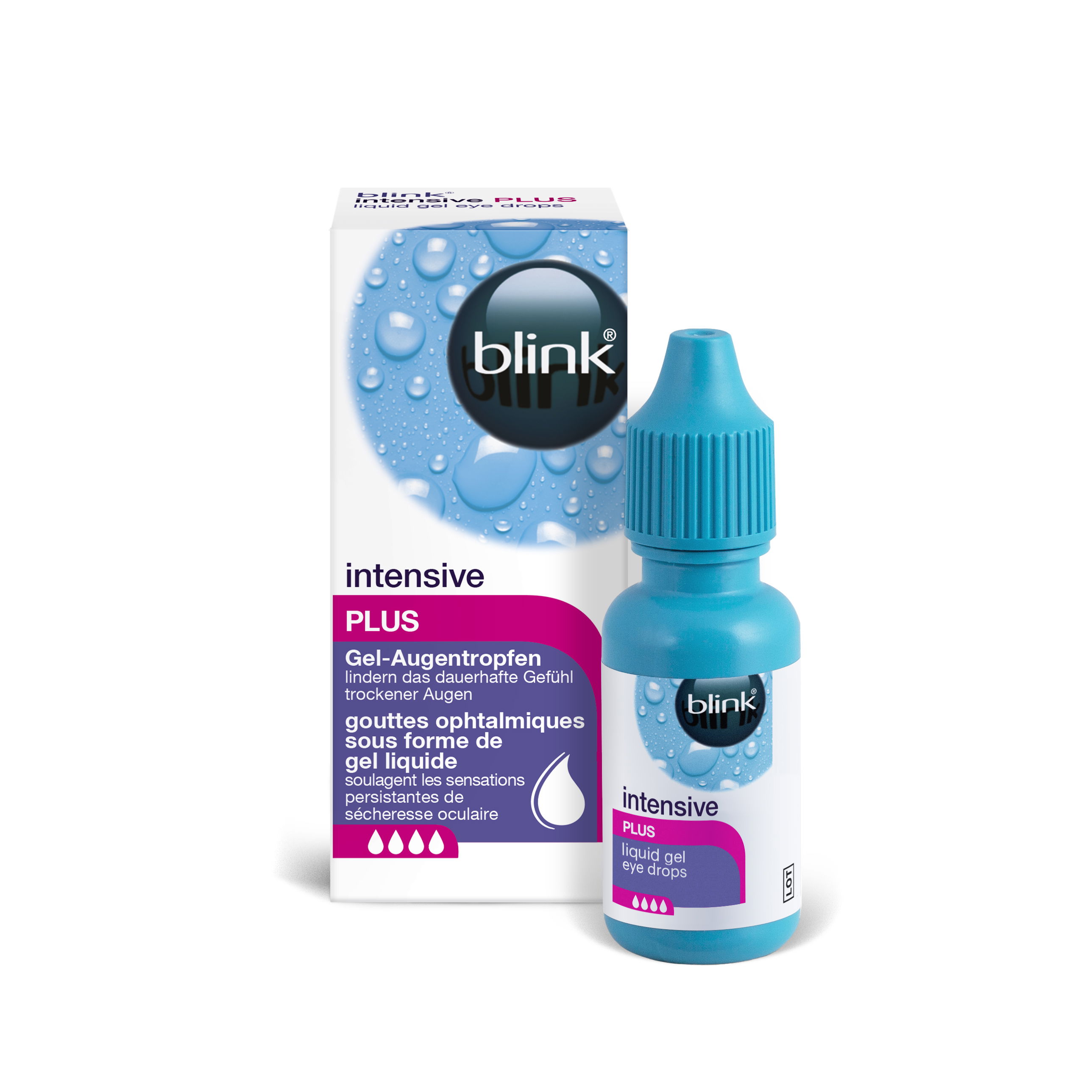 Das Bild zeigt die Flasche und die Verpackung der blink intensive PLUS Gel-Augentropfen.