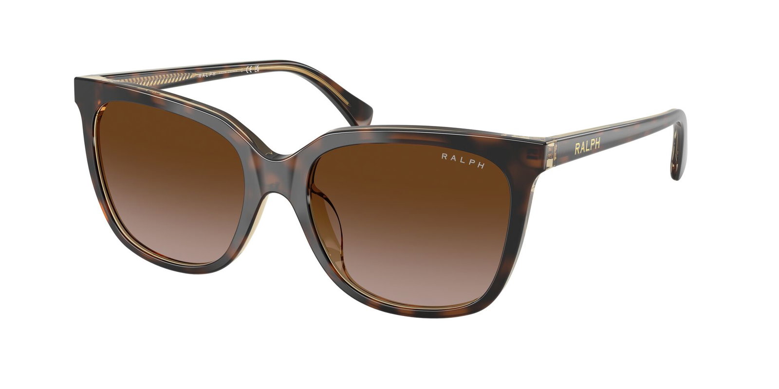 Das Bild zeigt die Ralph Sonnenbrille RA5343U in havana dunkel auf transparent leicht von der Seite.