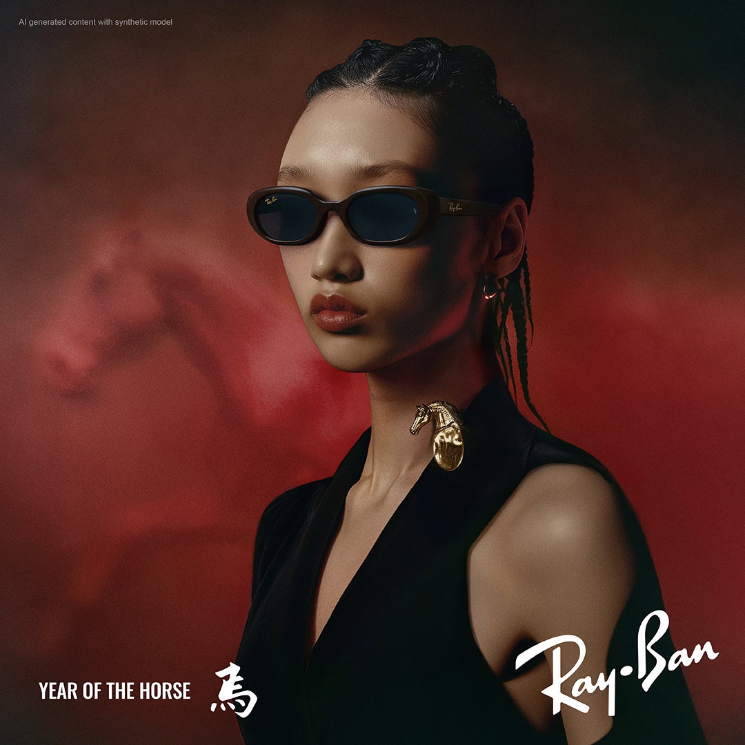 Das Bild zeigt eine Frau mit einer Ray Ban Sonennbrille für einem schwarz-roten Hintergrund.