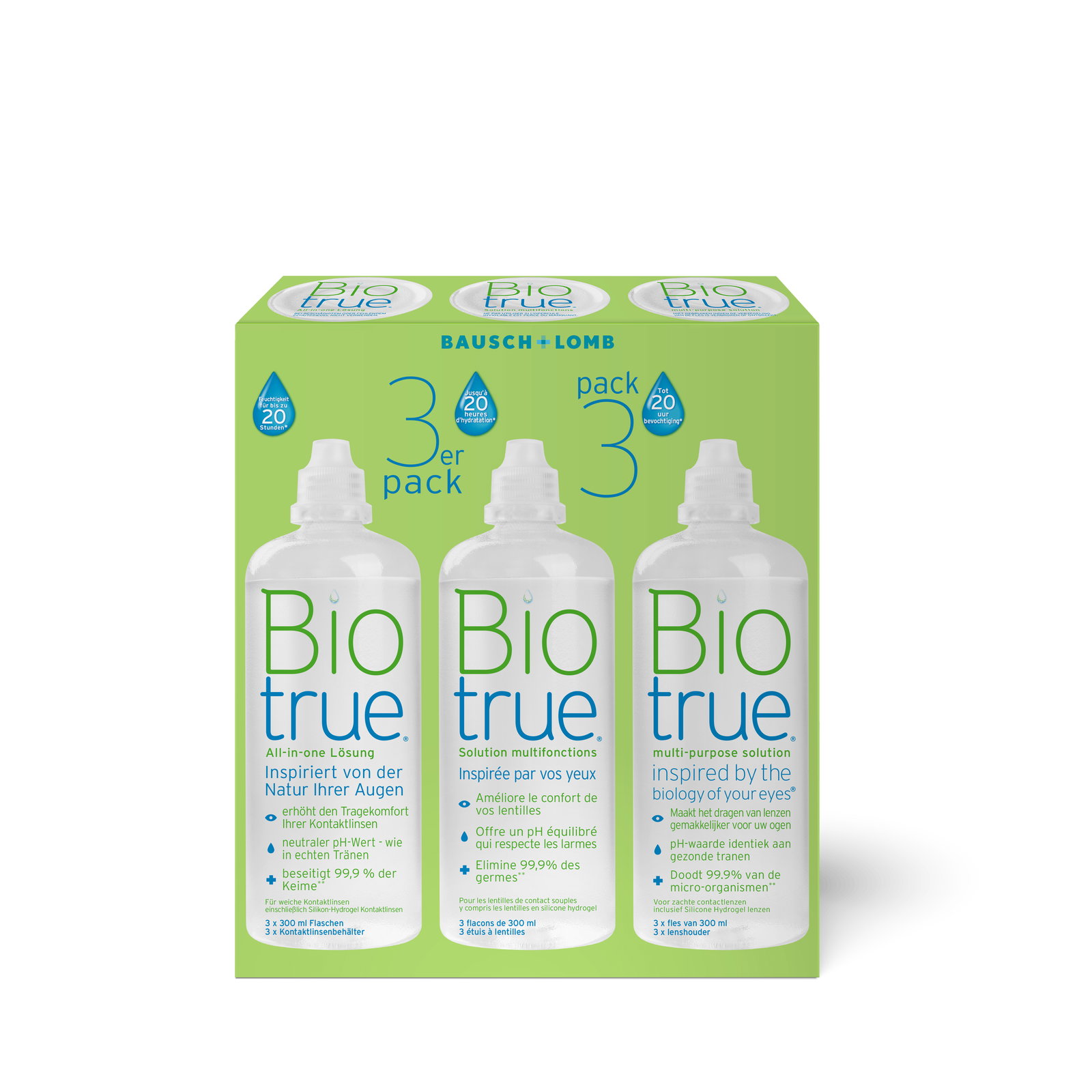 Zu sehen ist ein Dreierpack Biotrue Pflegemittel
