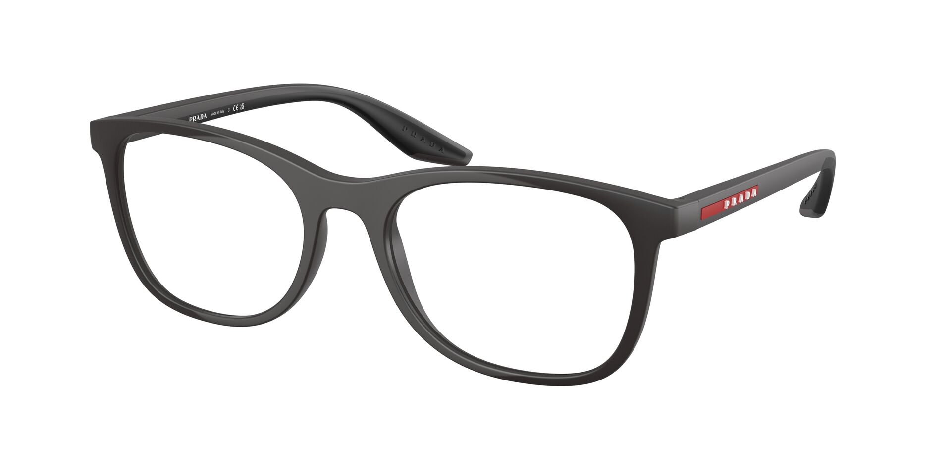 Das Bild zeigt die Prada Linea Rossa Fassung PS05PV 18K1O1 leicht seitlich.