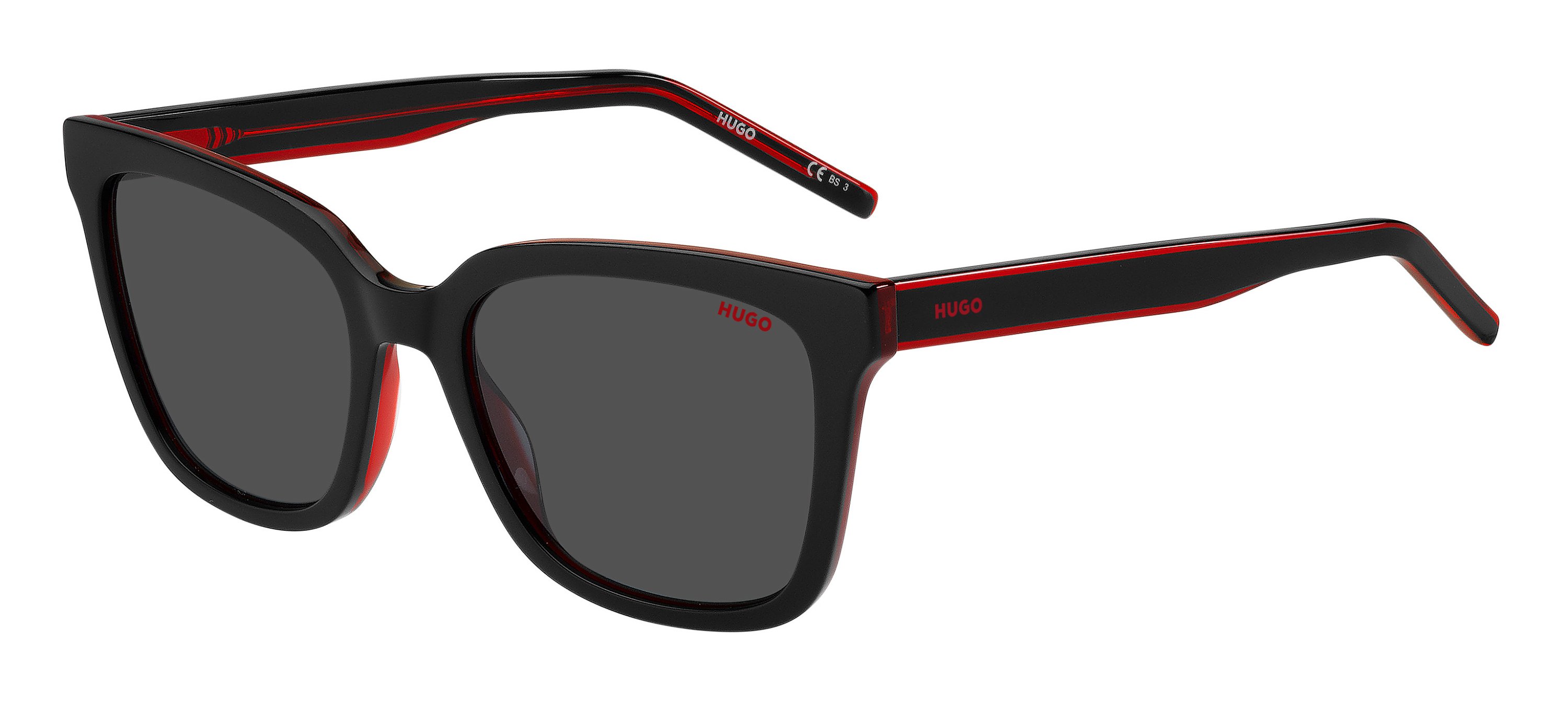 Das Bild zeigt die Sonnenbrille HG1248/S OIT von der Marke Hugo in schwarz/rot.