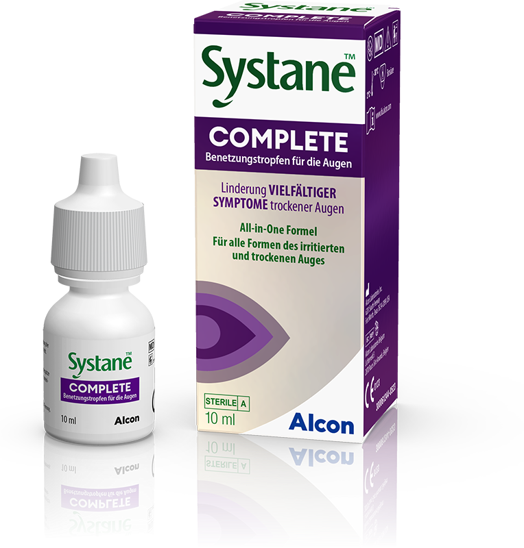Das Bild zeigt die Augentropfen Systane Complete von Alcon.