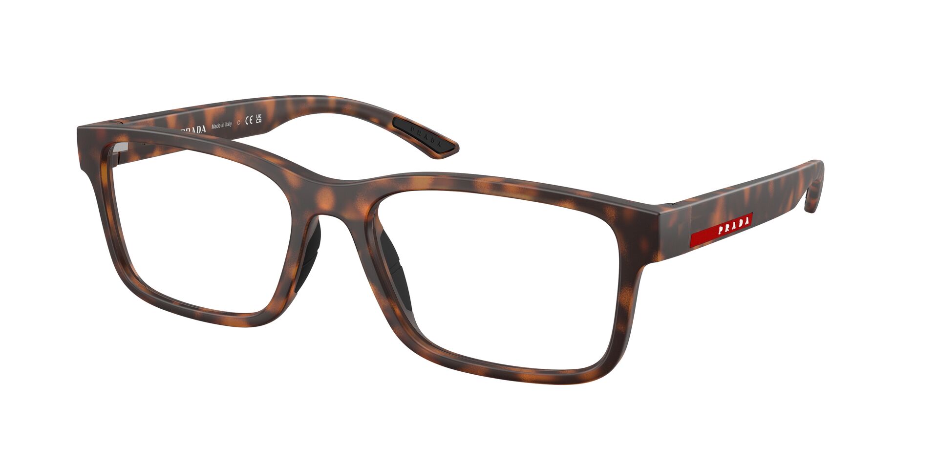 Das Bild zeigt die Prada Linea Rossa Fassung PS01RV 17X1O1 leicht seitlich.