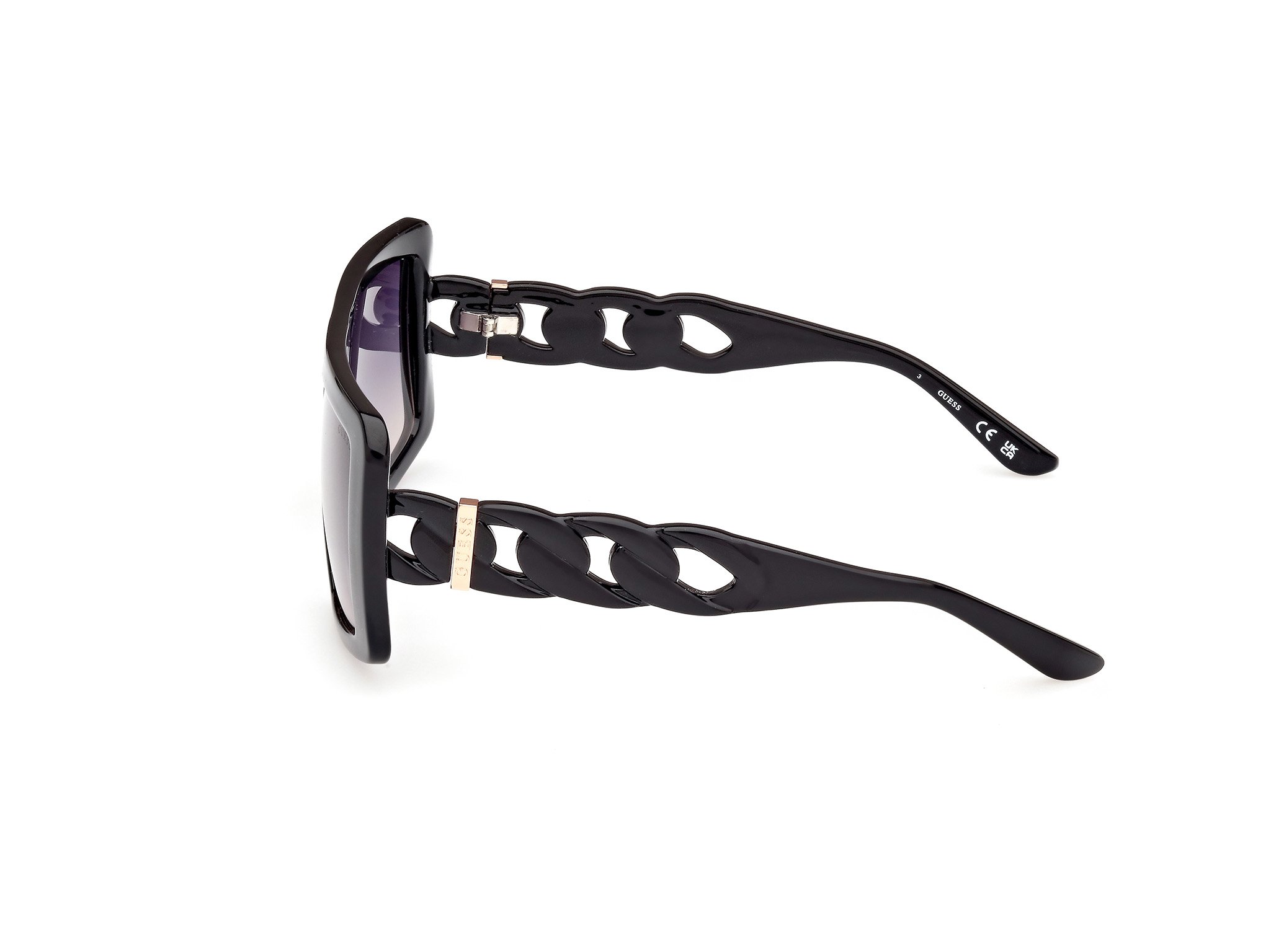 Das Bild zeigt die Sonnenbrille GU00109 01B von der Marke Guess in Schwarz.